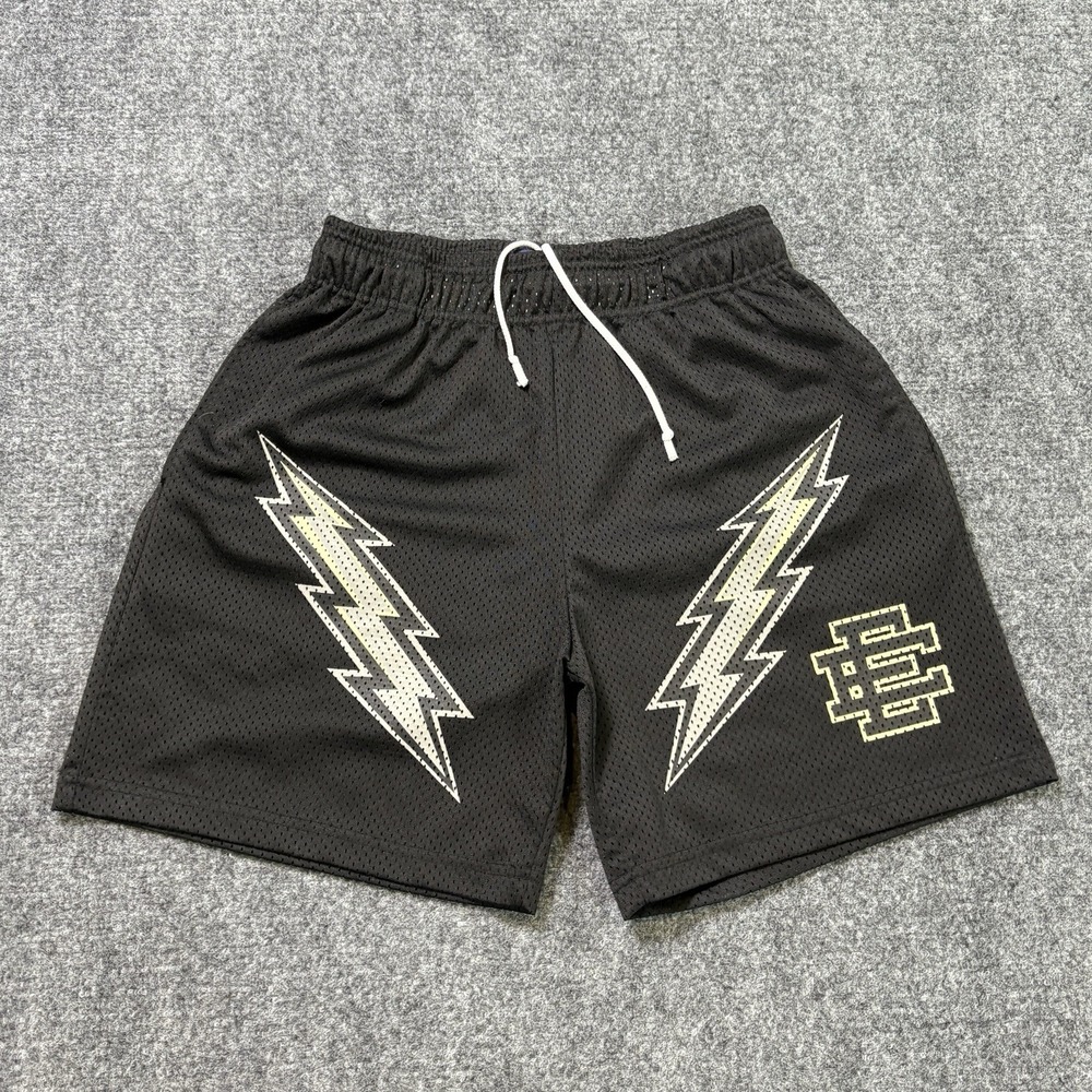 Eric Emanuel Shorts Mens Large Black Mesh EE Lightning Bolt Streetwear